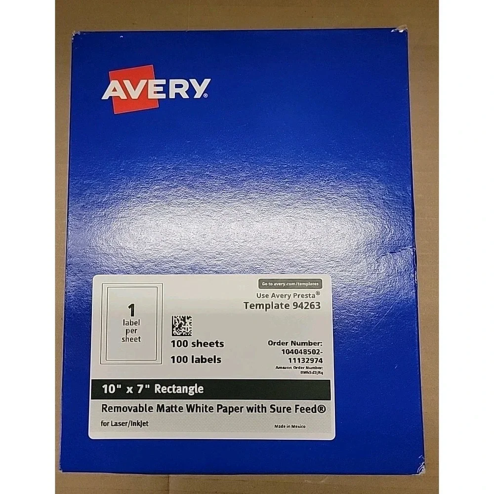100 Avery Matte White Removable Rectangle Labels, Sure Feed 10